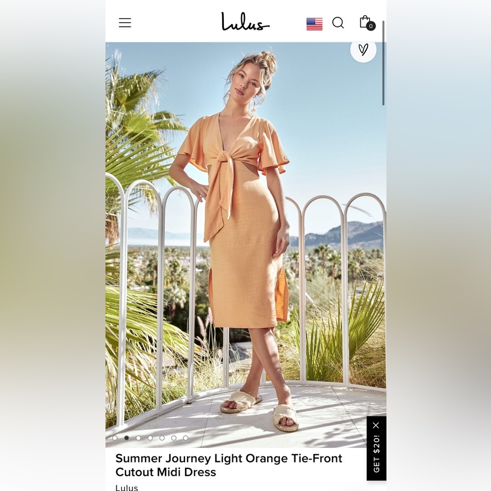 Lulus summer journey light orange tie-front cutout midi dress
